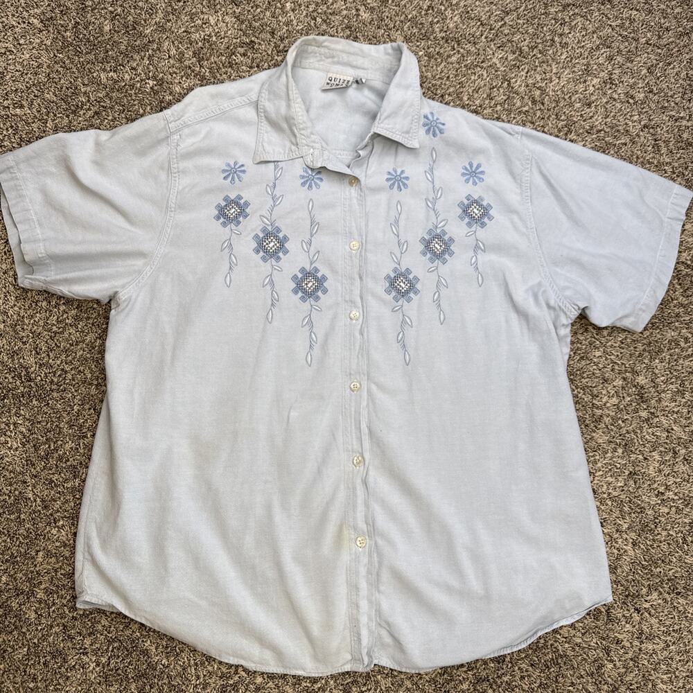 Vintage Quizz Women & Co Blue Embroidered Flowers Button Up Shirt Top Size 22